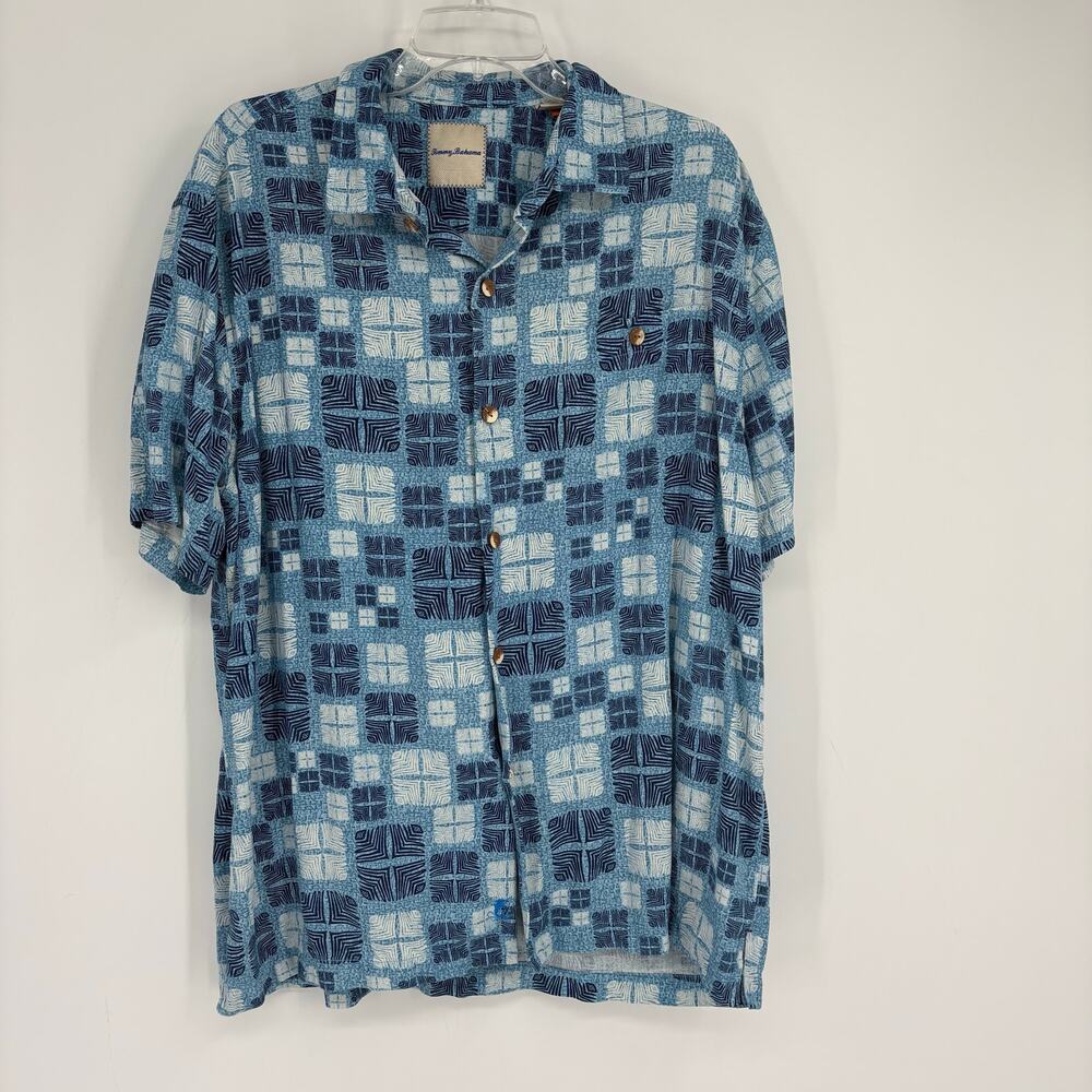 Tommy Bahama blue Geometric Print 100% Silk Button Down Short Sleeve Shirt Sz XL